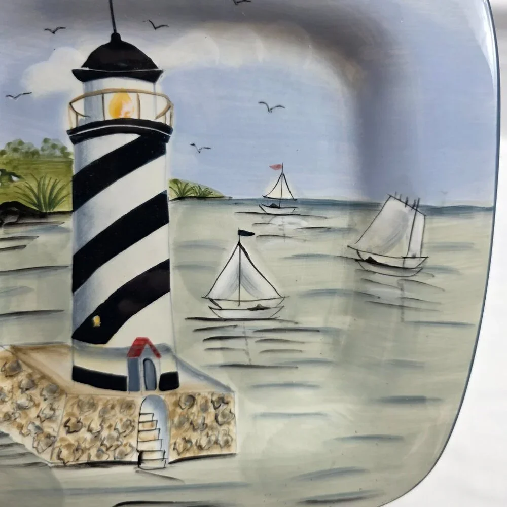 TWO Sakura Nantucket Shoreline Square Salad Plates Lighthouses, Birds Grass